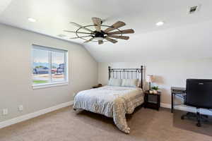 Bedroom featuring vaulted ceiling, baseboards, carpet, recessed lighting, and ceiling fan