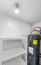 Storage and Utility closet with water heater off Bathroom