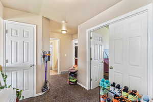 Rec room featuring carpet floors, baseboards, and a textured ceiling