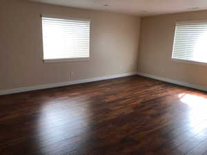 Empty room with healthy amount of natural light, dark wood finished floors, and baseboards