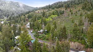 View of property location with a forest and a mountain backdrop