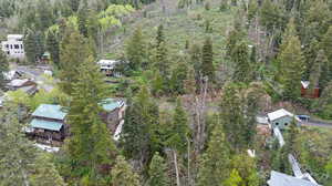 Aerial view of property's location with a forest