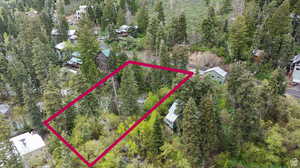 Aerial view of property and surrounding area with property parcel outlined and a heavily wooded area