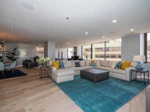 Living room featuring light wood-style flooring and recessed lighting