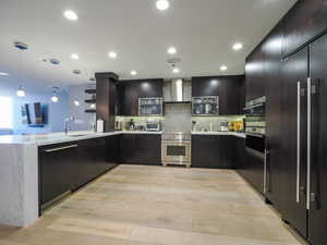 Kitchen with high end appliances, wall chimney range hood, a peninsula, light wood-style floors, and hanging light fixtures