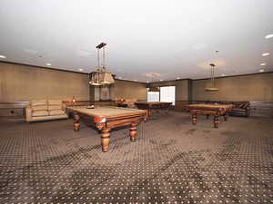 Game room with pool table, wallpapered walls, carpet floors, and recessed lighting
