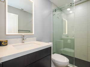 Bathroom featuring toilet, vanity, and a stall shower