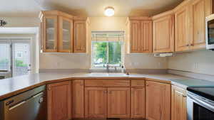 Kitchen featuring stainless steel appliances, a sink, light countertops, and glass insert cabinets