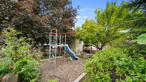 View of play area with a deck