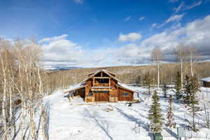 Rear view of property with stone siding and a forest view