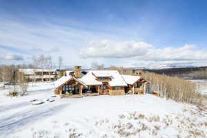 Snow covered property with a chimney, a patio, and stone siding