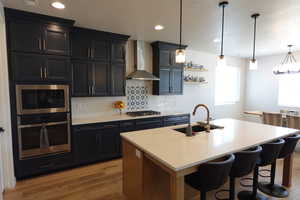 Kitchen featuring appliances with stainless steel finishes, a sink, wall chimney exhaust hood, backsplash, and light wood finished floors
