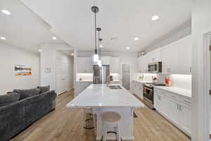 Kitchen with appliances with stainless steel finishes, a sink, light wood-style flooring, open floor plan, and recessed lighting