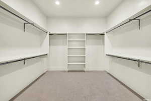 Walk in closet featuring light carpet
