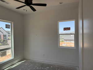 Unfurnished room featuring ceiling fan and recessed lighting