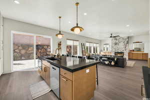 Kitchen with a sink, stainless steel appliances, dark countertops, recessed lighting, and a high end fireplace