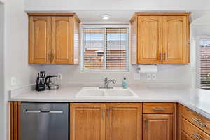 Kitchen with stainless steel dishwasher, a sink, and light countertops