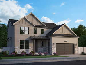 View of front facade with driveway, an attached garage, board and batten siding, and stone siding