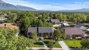 Aerial perspective of suburban area with a mountain backdrop and a forest