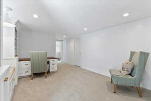 Office space featuring light carpet and recessed lighting