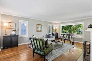 Living room with crown molding, plenty of natural light, wood finished floors, and baseboards