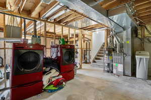 Unfinished below grade area with independent washer and dryer, water heater, a water softener system, stairway, and heating unit