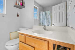 Full bathroom with toilet, vanity, and curtained shower