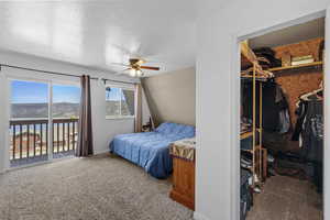 Carpeted bedroom with access to exterior, a walk in closet, baseboards, a closet, and a ceiling fan
