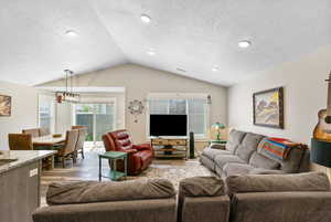 Living area featuring lofted ceiling, light wood-type flooring, and a textured ceiling