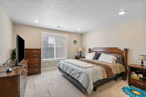 Bedroom featuring light colored carpet, a textured ceiling, recessed lighting, and baseboards