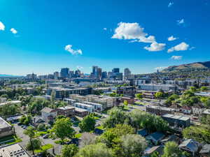 View of city skyline with mountains