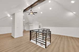 Bonus room featuring a ceiling fan, wood finished floors, recessed lighting, and baseboards