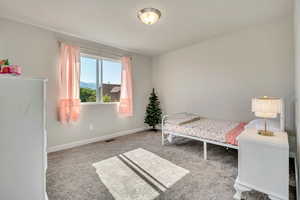 Carpeted bedroom with baseboards