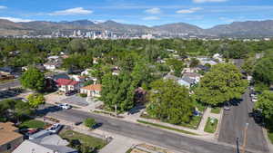 Aerial perspective of suburban area featuring mountains