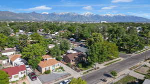 Aerial view of residential area with mountains