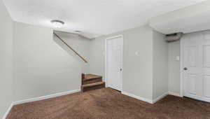 Finished below grade area with carpet, a textured ceiling, baseboards, and stairs