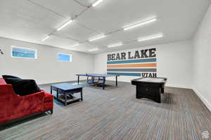 Game room with carpet flooring and baseboards