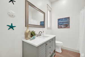 Bathroom featuring vanity, toilet, wood finished floors, and baseboards