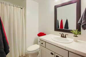 Bathroom featuring toilet, vanity, and a shower with curtain