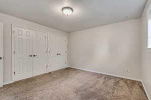 Bedroom  with multiple closets, carpet flooring, and baseboards