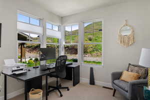 Home office with baseboards and carpet
