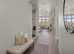 Corridor with healthy amount of natural light, baseboards, light wood-style flooring, and recessed lighting