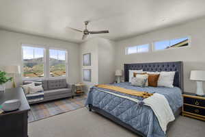 Bedroom with carpet floors, recessed lighting, and a ceiling fan