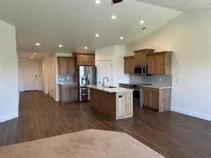 Kitchen with appliances with stainless steel finishes, a sink, baseboards, dark wood-style flooring, and lofted ceiling