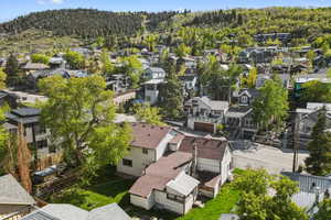 Aerial perspective of suburban area with a forest
