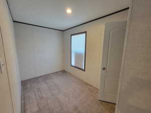 Carpeted spare room featuring crown molding