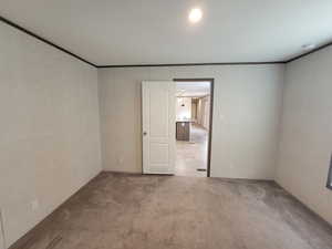 Carpeted empty room with crown molding, a ceiling fan, and a smoke detector