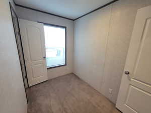 Unfurnished room featuring light colored carpet and ornamental molding