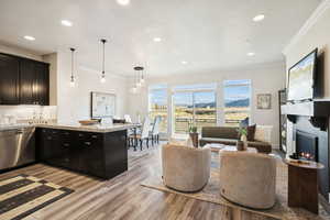 Kitchen with crown molding, light stone countertops, dark cabinetry, stainless steel dishwasher, and pendant lighting
