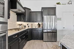 Kitchen featuring appliances with stainless steel finishes, light wood-style flooring, custom exhaust hood, and decorative backsplash